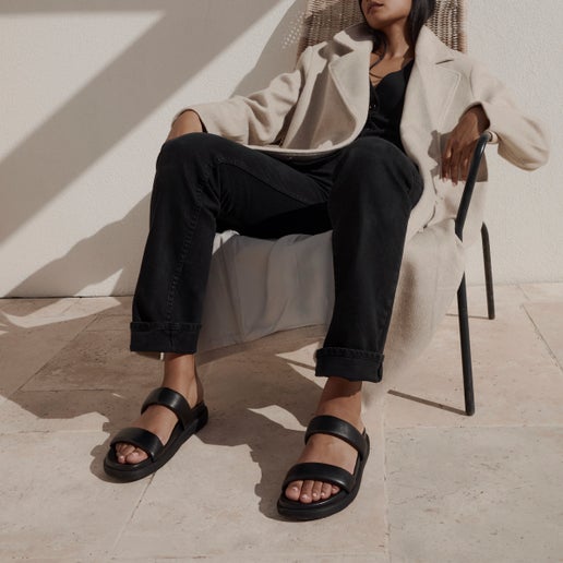 River Woman's Leather Slides | Black | Womens Flat sandals