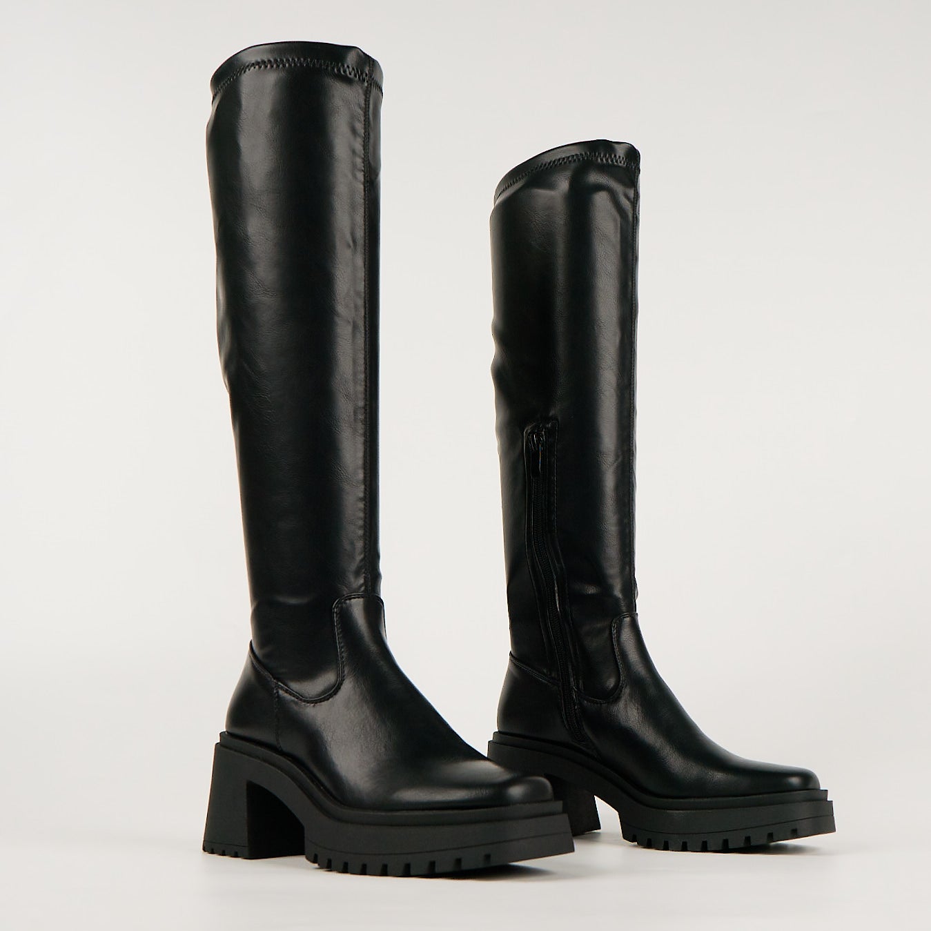 Black chunky knee high boots online